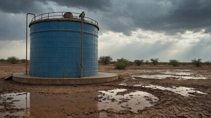 Obraz premium Large blue water tank stands prominently in barren, cracked, muddy landscape under cloudy sky. Tank cylindrical with metal railing on top, pipe extending from its side. Ground around tank dry.