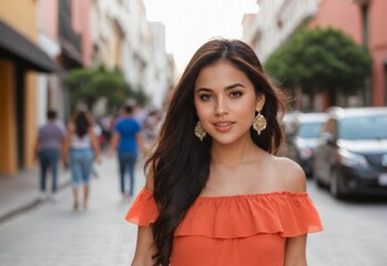 Beautiful attractive Mexican young woman walking in a city