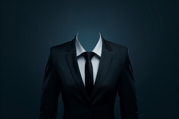 Template of a black dinner jacket suit with shirt and tie for women against a dark background for VIP parties, weddings or fashion and corporate events.