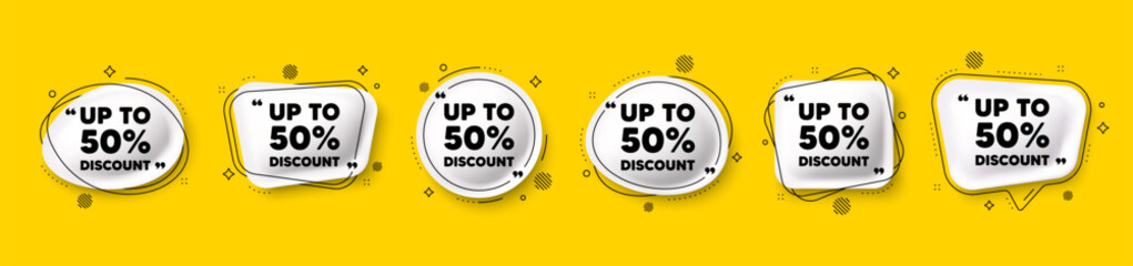 Up to 50 percent discount. Speech bubble 3d icons set. Sale offer price sign. Special offer symbol. Save 50 percentages. Discount tag chat talk message. Speech bubble banners with comma. Vector