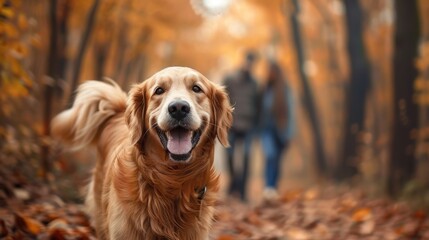 Obraz premium Happy couple playing with happy golden retriever dog on woodland autumn foliage season.