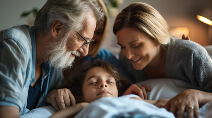 Family gathered around a patient, granting their final wishes, heartfelt and intimate moment, upper third copy space