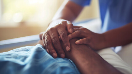 Volunteer sitting bedside holding a patient's hand, peaceful and supportive, left third copy space