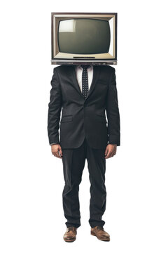 A man with a TV instead of a head isolated on transparent background.