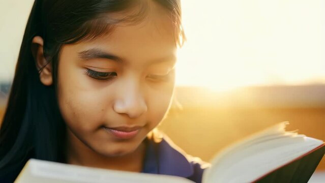 young girl student read a book in classroom morning