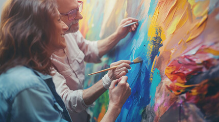 Patient and caregiver painting together, colorful and creative interaction, right third copy space