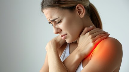 Fototapeta premium pain flows.Woman unhappy holding back pain with suffering from painful shoulder, Upper arm pain, office syndrome, muscle problem, musculotendinous strain, hurt, massage, inflammation, Woman healthcare