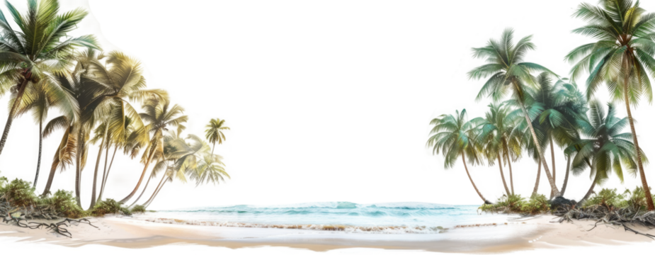 Beach with ocean and palm trees isolated on transparent background.