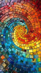 Fototapeta premium Vibrant, textured mosaic background swirls in colorful patterns, full of energy and movement. Handmade tiles in rainbow colors create a cheerful, bright aesthetic, revealing craft and artistry