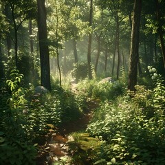 Obraz premium Lush green forest bathed in sunlight, with a narrow stream flowing through, surrounded by wildflowers and dense foliage. Sunlit Forest Path with Wildflowers and Stream