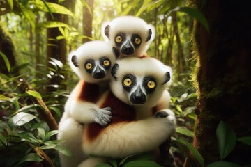 Obraz premium A charming Coquerel's sifaka lemur, with a small baby clinging to its back, both sporting striking yellow eyes, nestled in their natural forest habitat in northern Madagascar.