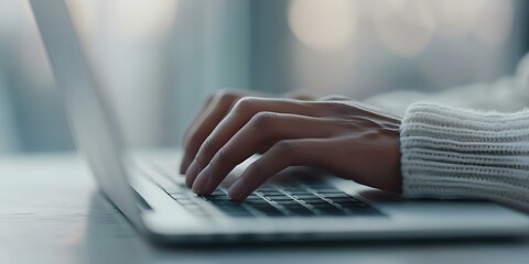 Closeup of person typing on laptop for social media blogging or journalism. Concept Closeup Shots, Journalism, Social Media, Technology, Blogging