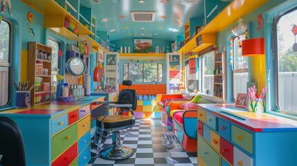 A brightly colored mobile salon with a barber chair, colorful cabinets and countertops.