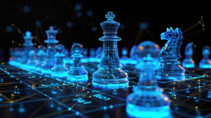 Futuristic Holographic Chess Board with Neon Glowing Pieces in Cyber Setting - Generative AI