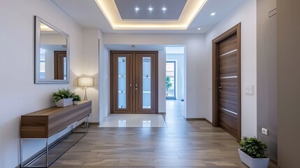 A modern entryway with wooden accents and white cabinets. The space features a wooden door, white walls, and a large mirror. There are plants on the shelves