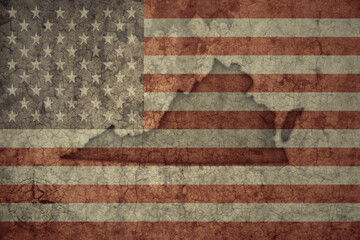 map of virginia state and flag of united states of america on a old vintage crack paper background .