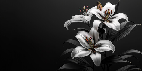 White lilies on black background delicate floral for funeral or obituary announcement necrology concept with copy space