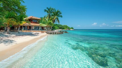 Fototapeta premium Serene Luxury Beach Resort Oasis with Clear Blue Waters in Tropical Paradise - Canon EOS R5 Photography