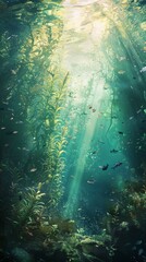 Obraz premium Sunlight filters through the clear ocean, illuminating a vibrant kelp forest with fish swimming below, creating a tranquil underwater scene