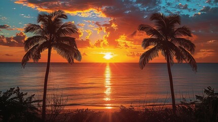Golden Serenity: Majestic Sunset Over Ocean with Silhouetted Palm Trees Captured on Nikon D780 & 70-200mm f/2.8 Lens