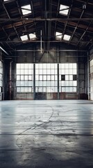 Sunlight streams through windows in a deserted warehouse, casting a warm glow on the grungy interior. The spacious, empty space exudes a sense of history and industry, perfect for business concepts