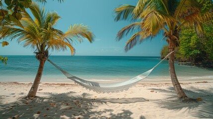 Fototapeta premium Serene Beach Paradise - Hammock Between Palm Trees with Calm Sea Background