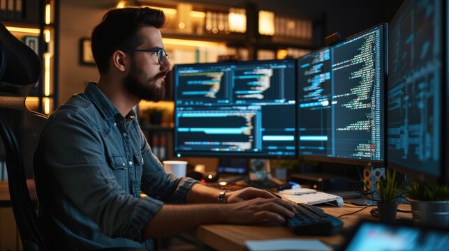 A software developer works on code late into the night, illuminated by the glow of multiple computer screens in a modern office. AIG41