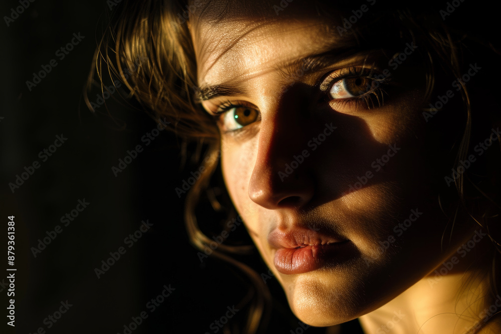 Wall mural A woman's face is illuminated by a golden light, casting her features in sharp relief against the surrounding darkness. Her eyes are wide and expressive, staring directly at the viewer.