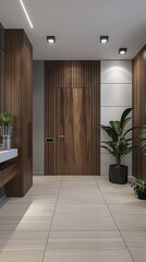 Fototapeta premium A modern entryway with wooden accents and white cabinets. The space features a wooden door, white walls, and a large mirror. There are plants on the shelves