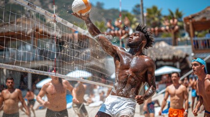 Energetic Beach Volleyball Tournament: Intense Action Shot of Players Diving for the Ball
