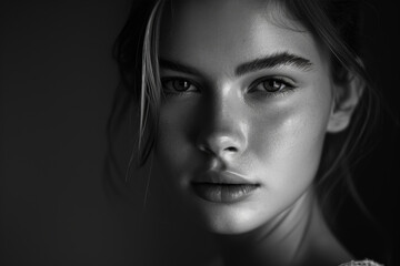 Fototapeta premium A young woman's face is captured in a dramatic black and white close-up, emphasizing her piercing gaze and understated beauty.