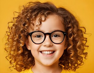 Obraz premium Happy Young Girl With Curly Hair Wearing Glasses Against Yellow Background