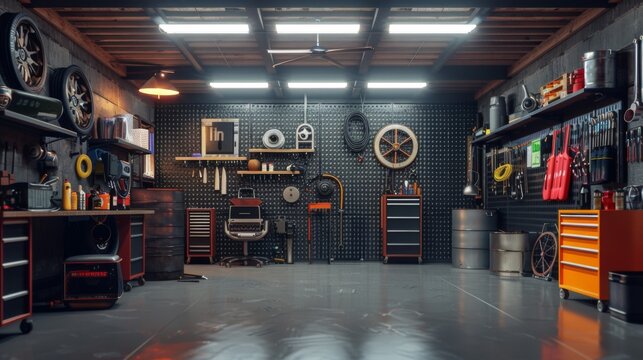 Home suburban car garage interior filled with various tools and equipment, workbench