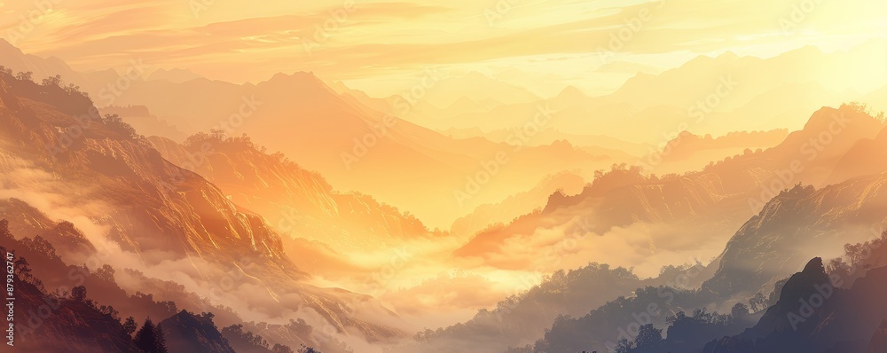 Poster Mountain peaks glowing in golden hour sun, fog blankets valley creating serene atmosphere. Dramatic lighting and mist evoke wonder and majesty, perfect for peaceful wilderness escape