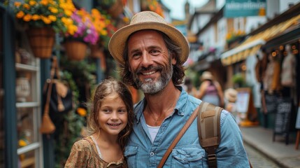 Obraz premium Joyful Family Adventure in Historic Town - Exploring Shops and Cafes on a Sunny Day with Canon EOS R6 Photography