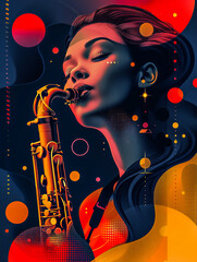 Silhouette of a beautiful black woman playing the saxophone in a modern style on a dark background. Abstract drawing of a saxophonist, musician. Designer poster, sticker, logo