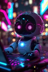 Fototapeta premium A futuristic robot interacts with a laptop in a neon-lit cityscape at night, surrounded by vibrant bokeh lights.