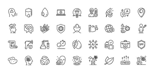 World medicine, Medical drugs and Medical insurance line icons pack. AI, Question and Answer, Map pin icons. Mint leaves, Alcohol addiction, Blood donation web icon. Vector