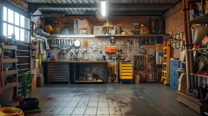 Home suburban car garage interior filled with various tools and equipment, workbench