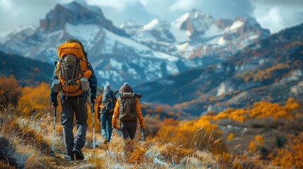 Autumn Adventure: Friends Hiking in the Colorful Mountains - Bright and Awe-Inspiring Landscape Shot with Sony A7III 85mm f/1.4 Lens