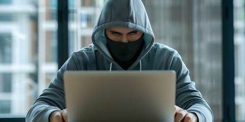 Hooded hacker with obscured face on laptop hacking with malicious intent. Concept Technology, Cybercrime, Hacking, Security, Privacy