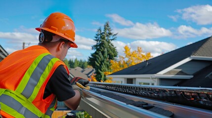 A construction worker in an orange hard hat and safety vest installs a gutter on a residential roof.