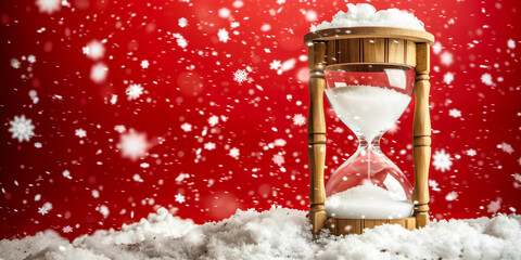 Hourglass and snowflakes on red background symbolizing Christmas countdown