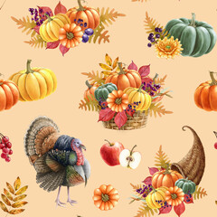 Thanksgiving decor elements seamless pattern in warm colors. Watercolor vintage style illustration. Traditional Thanksgiving floral decoration, cornucopia, turkey bird, pumpkins seamless pattern