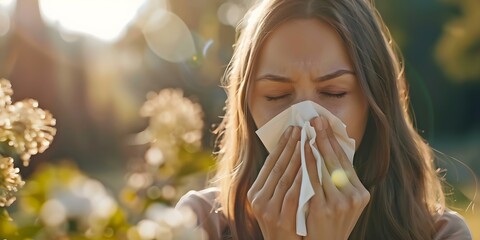 Woman with allergies sneezing and holding tissue due to allergic rhinitis. Concept Allergic Rhinitis, Sneezing, Tissue, Woman, Allergies