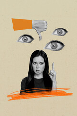 Trend artwork composite image photo collage of young lady think gesture finger point up hand thumb...