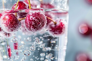 Close up of fresh red cherries with stems floating in a glass of sparkling water with bubbles