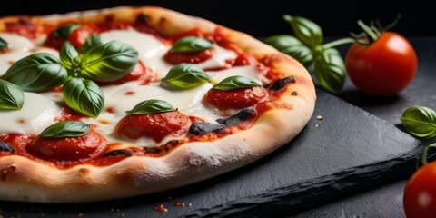 fresh Italian pizza with basil leaves on a black textured background, close up