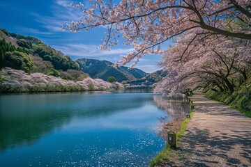 Cherry blossom trees blooming along a lake with a path and mountains in the background