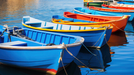 Obraz premium A Serene View of Vibrantly Colored Rowboats Tied Together Floating Calmly on the Crystal Clear Blue Waters